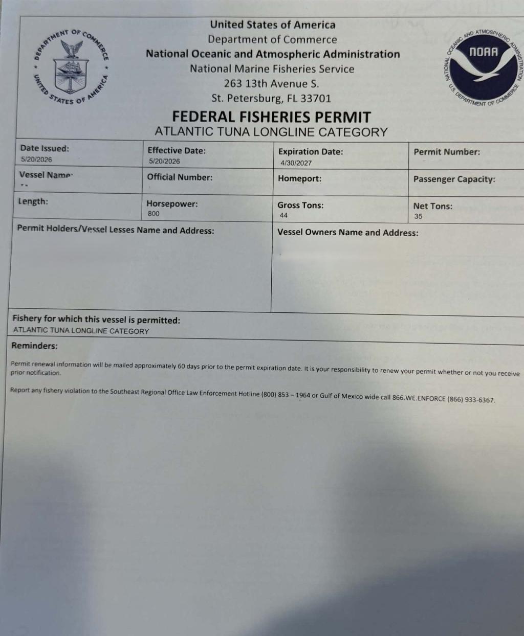 3 Federal Fisheries Permits - Atlantic Tuna Longline, Swordfish, Shark